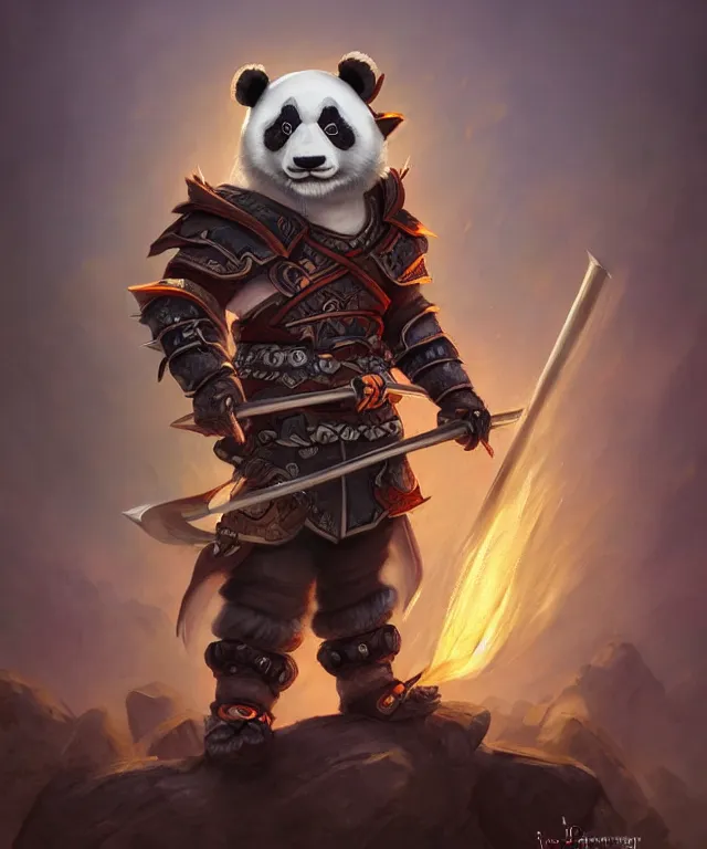 Prompt: a portrait an anthropomorphic panda samurai, wearing armor with spiked shoulders, small mouse companion, landscape in background, dnd character art portrait, world of warcraft style, by peter mohrbacher, cinematic lighting