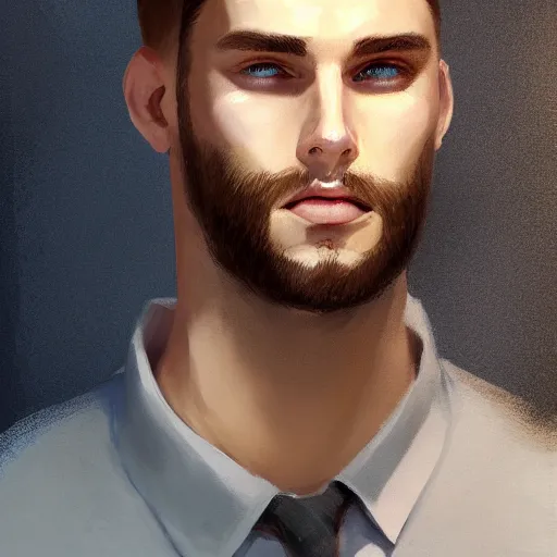 Image similar to tall chunky man in his twenties with brown blond short regular haircut and round facial structure with cleft chin, straight eyebrows, big alert eyes, slightly smiling, cheekbones, straight nose, wider face, shadow of beard, atmospheric lighting, painted, intricate, 4 k, highly detailed by charlie bowater