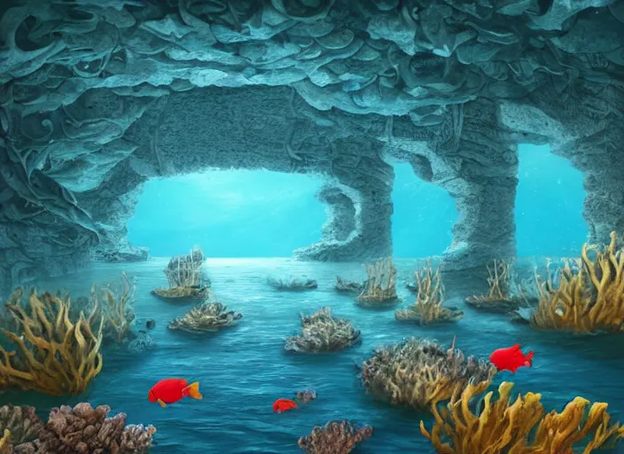 Prompt: underwater sunken temple, ocean, sea, fish!!, palladian, illustration, concept art, digital art, colorful, blue, detailed, realistic