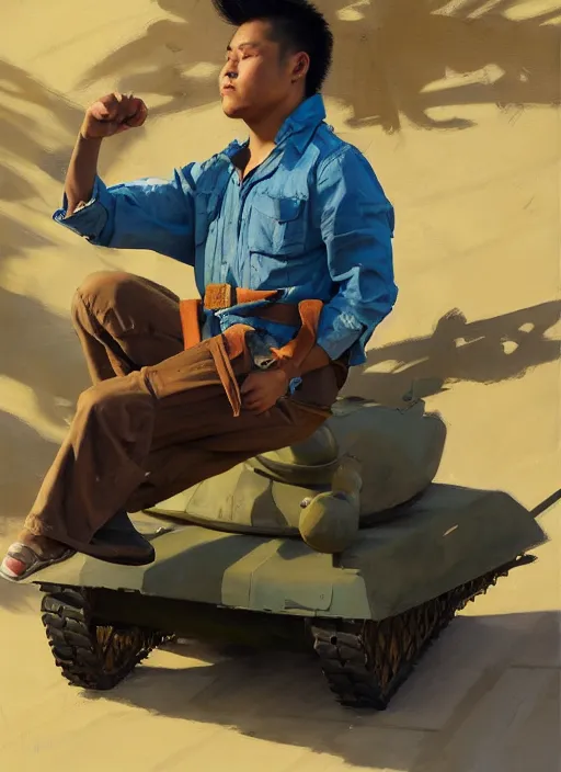 Prompt: greg manchess portrait of a filipino young man sitting on a tank, asymmetrical, profile picture, organic painting, sunny day, matte painting, bold shapes, hard edges, street art, trending on artstation, by huang guangjian, gil elvgren, ruan jia, randy vargas, greg rutkowski