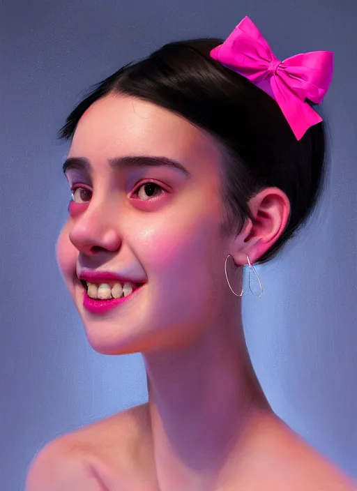 Image similar to portrait of teenage girl, realistic, black hair, bangs, half updo hairstyle, pointy nose, skinny, smile, ugly, defined jawline, big chin, pink hair bow, earrings, intricate, elegant, glowing lights, highly detailed, digital painting, artstation, sharp focus, illustration, art by wlop, mars ravelo and greg rutkowski