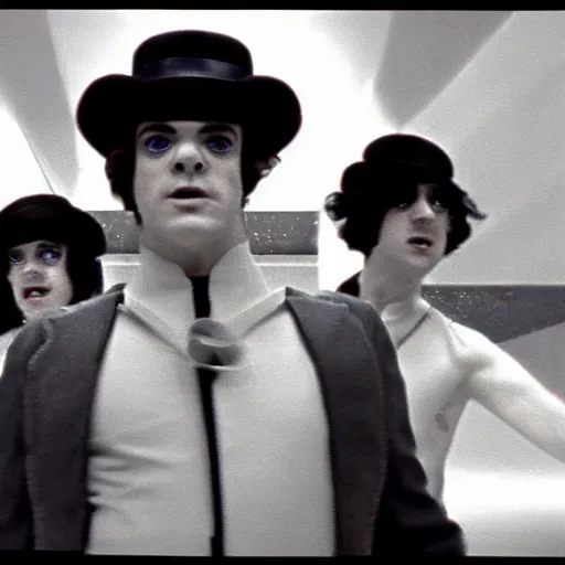 Image similar to A film still from a A Clockwork Orange 1971 Stanley Kubrick movie about league of legends cosplayers. Realism. 4k. 8mm. Grainy. Panavision