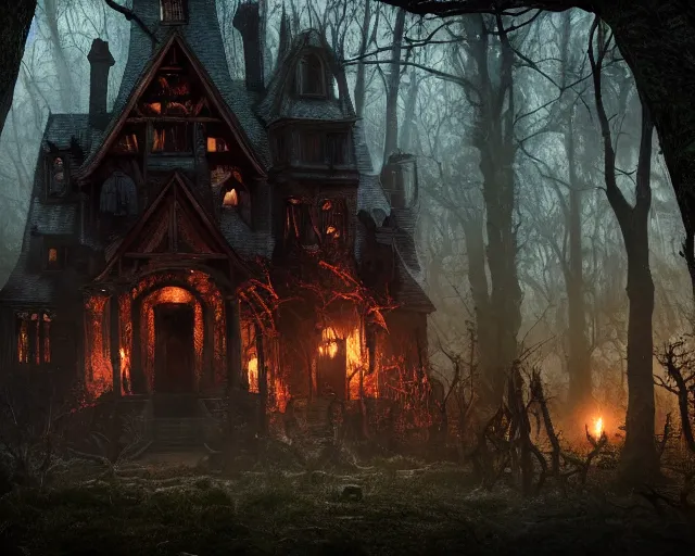 Prompt: the scariest witches house surrounded by horror creatures in the scariest dark forest, epic scene, dark, scary, horror, frightening, fantasy, cinematic, redshift render, cgi, hyper - detailed, photo - bash, 8 k post - production, masterpiece, in the style of greg rutkowski