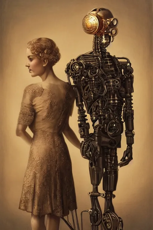 Prompt: a beautiful ultradetailed vintage couples portrait photo of old cyborg standing next to a cyborg sitting on a chair, by tom bagshaw and anna dittman, couples portrait, vignette, 35mm lens, golden ratio composition, detailed faces, studio photography, very detailed, humanoids, artstation, 8k, highly coherent