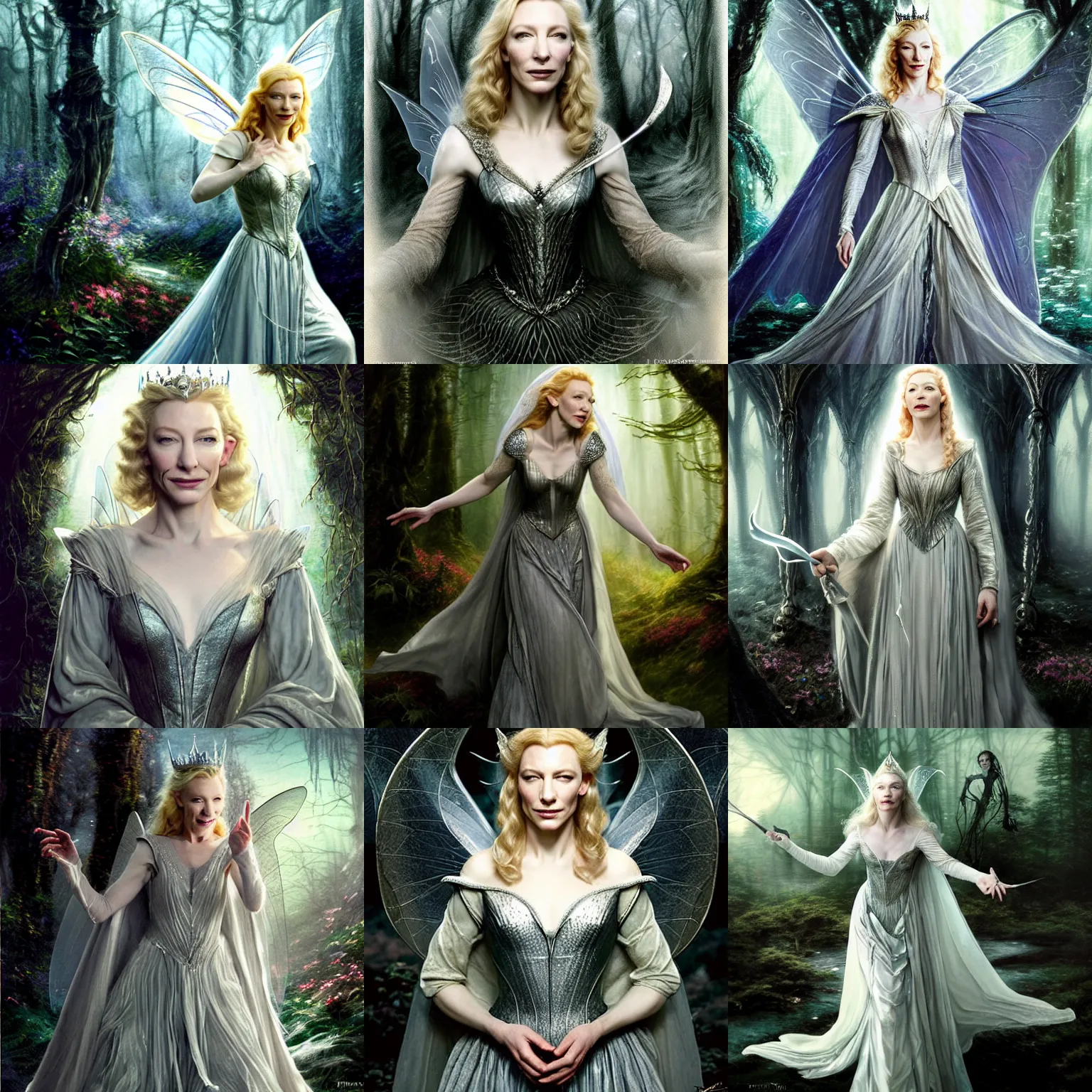 Prompt: portrait of mischievous, dangerous Cate Blanchett's Galadriel as a queen of fairies, dressed in a beautiful silver dress. The background is a dark, creepy eastern europen forrest. night, horroristic shadows, high contrasts, lumnious, theatrical, character concept art by ruan jia, thomas kinkade, and J.Dickenson, trending on Artstation