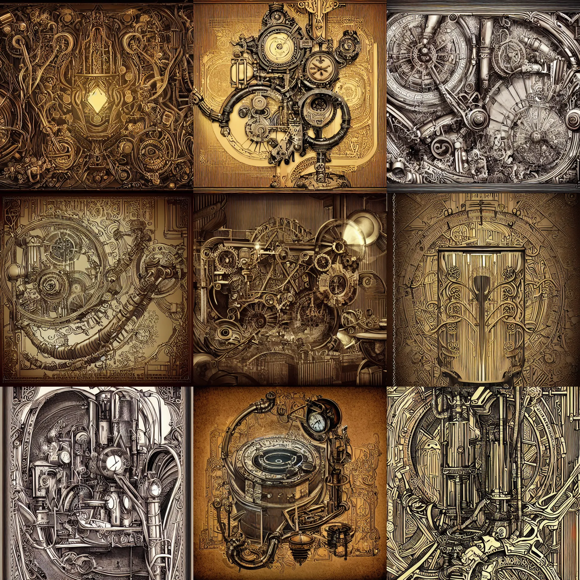 Prompt: extremely detailed illustration wimmelbilder high tech steampunk steampipe eerie stylized digital notebook doodles drawings musings art deco with art deco filigree!! scrollwork 8 k render