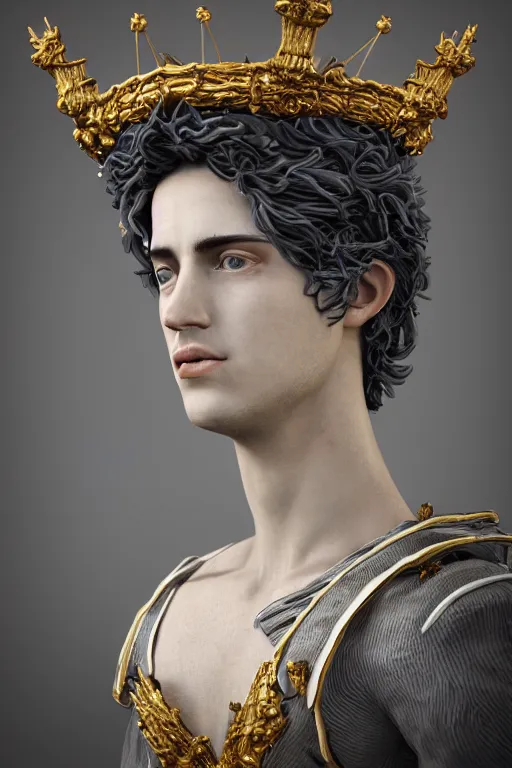Image similar to a realistic porcelain baroque style sculpture of handsome young seductive Spanish prince with a spiky hair, wearing a crown made out of woven pipe cleaners, floating in outer space, photorealism, octane render, depth of field, 8k, 35mm, artgem, Trending on artstation