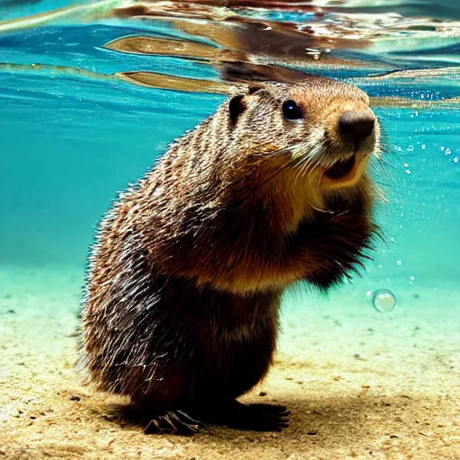 Image similar to a groundhog diving, realistic, underwater bubbles