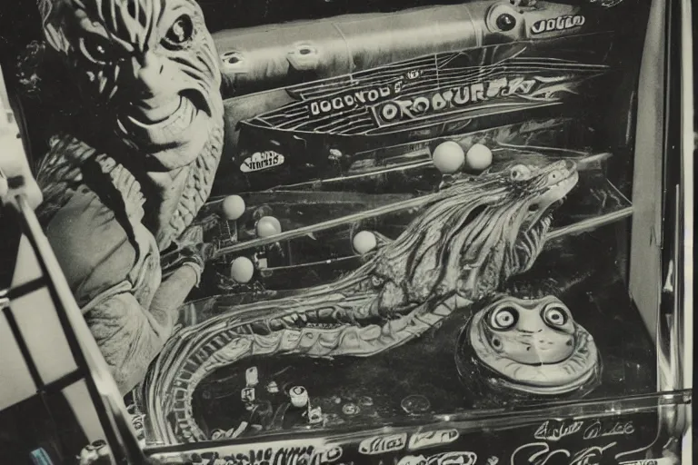 Image similar to vintage pinball machine, creature from the black lagoon, polaroid photo