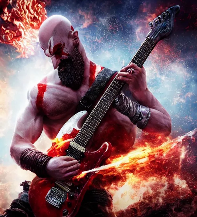 Image similar to kratos shredding on a flaming stratocaster guitar, cinematic render, god of war 2 0 1 8, santa monica studio official media, lightning, stripe over eye