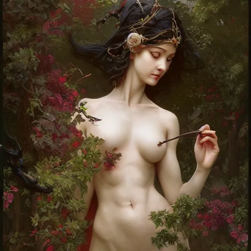 Prompt: goddesses, full body, blood everywhere, bay leafes, tendrils, flowers, intricate, elegant, highly detailed, digital painting, artstation, concept art, smooth, sharp focus, illustration, art by artgerm and greg rutkowski and and william - adolphe bouguereau and stephanie law