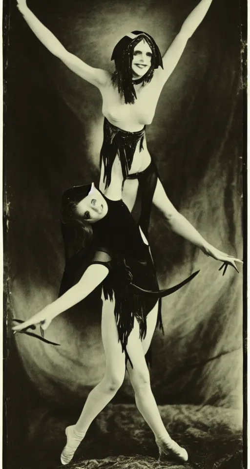 Prompt: wet plate photograph, portrait of Olivia Newton John cheerfully performing satanic occult dance rituals, Aleister Crowley illustrations on graph paper in the background, 1850