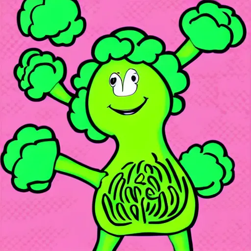 Prompt: dancing broccoli, he is very happy, smiling, children illustration, 2D