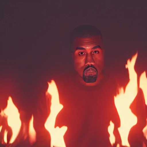 Image similar to cinematic film still of Kanye West starring as a Japanese Sensei with fire, Japanese CGI, VFX, 2020, 40mm lens, shallow depth of field, film photography