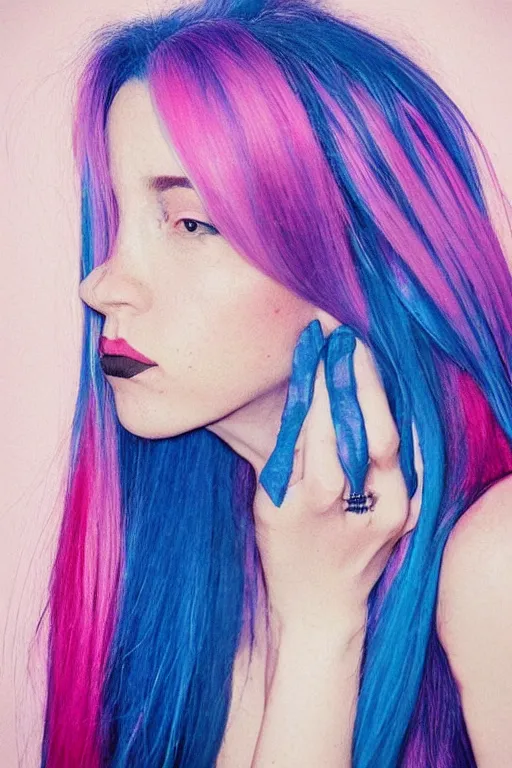 Prompt: “portrait of a depressed female multi-millionaire, pink and blue hair, surrealist”