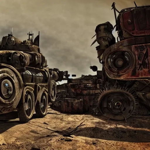 Image similar to a post-apocalyptic futuristic tank in the style of mad-max in the style of fallout in the style of metro:2033 trending on artstation deviantart Pinterest detailed realistic HD 8k High Resolution