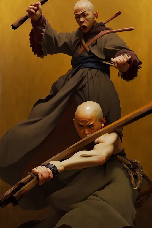 Prompt: baroque oil painting of key visual portrait concept art of anime monk fighting with a wood weapon in a dungeon, brutalist, dark fantasy, rule of thirds golden ratio, fake detail, trending pixiv fanbox, acrylic palette knife, style of makoto shinkai studio ghibli genshin impact jamie wyeth james gilleard greg rutkowski chiho aoshima