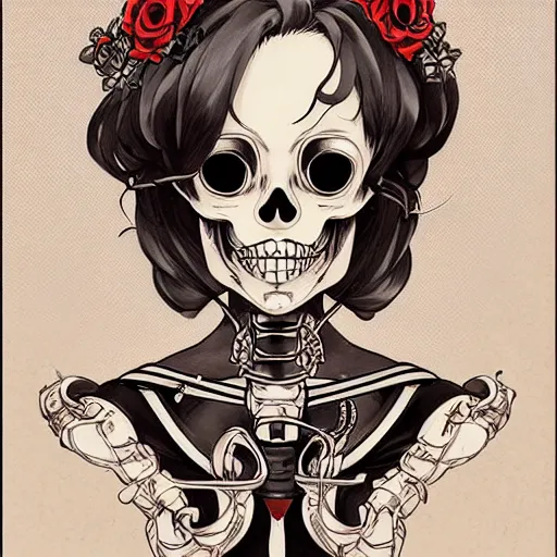 Image similar to anime manga skull portrait young woman skeleton, cuphead, steamboat willy, intricate, elegant, highly detailed, digital art, ffffound, art by JC Leyendecker and sachin teng