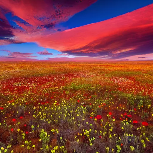 Prompt: hiqh quality photo of the australian red desert covered in colorful wild flowers, golden hour