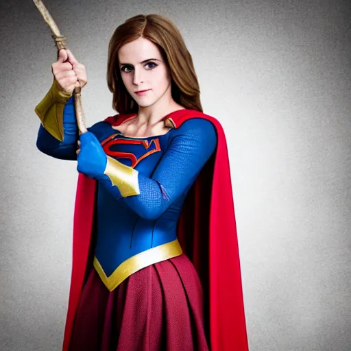 Image similar to Medieval Supergirl cosplay by Emma Watson, seductive gaze, 8k, professional photography, cinematic studio shot, dark, smoke