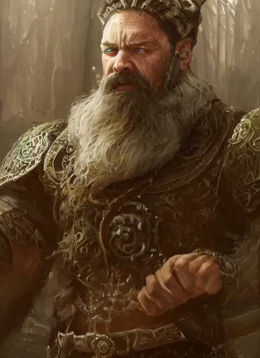 Image similar to realistic portrait painting of a male fantasy dwarf warrior, old mystic ruins, afternoon, intricate, elegant, highly detailed, digital painting, sharp, focus, by artgerm and greg rutkowski