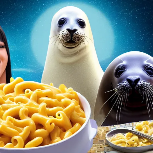 Image similar to A group photo of a seal, a unicorn, and a box of mac and cheese, ultra realistic, photography, 4k, hd, hq