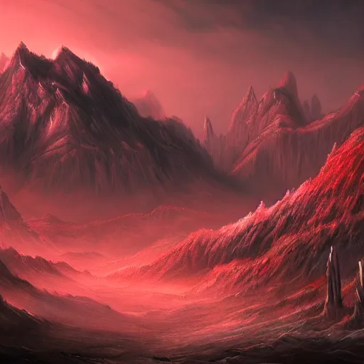 Image similar to The blood landscape with mountains in the background, Sci-Fi fantasy wallpaper, painted, 4k, high detail, sharp focus