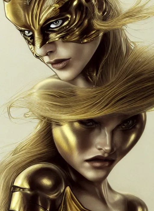 Image similar to golden pencil drawing of beautiful robot - cat woman face, goddess, beautiful blonde hair flying in the wind, hyper realistic face, in the style of greg rutkowski, fantasy, amazing detail, epic, elegant, smooth, sharp focus, from the front