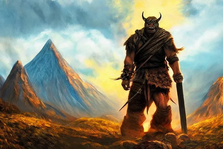 Image similar to orc, mordor, fantasy, painting, ultra realistic!!!, clear weather, golden hour, sharp focus