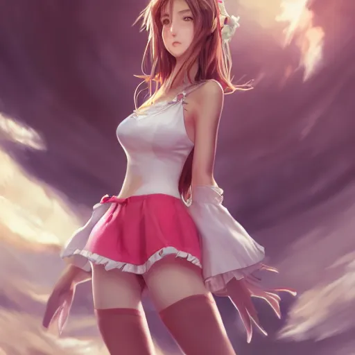 Image similar to full body shot of aerith gainsborough by WLOP, rossdraws, Logan Cure, Mingchen Shen, BangkuART, sakimichan, yan gisuka, JeonSeok Lee, zeronis, Chengwei Pan on artstation