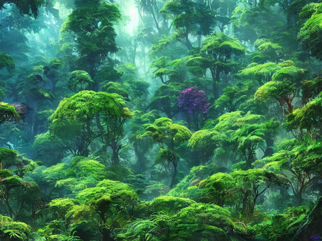 Image similar to a beautiful otherworldly fantasy landscape of dense lush ferns and evergreen trees in hyper detail like the pacific northwest, vivid glowing colors, extreme detail, studio ghibli and pixar and abzu, rendering, cryengine, deep colors, aerial perspective, epic scale, vray render, cgsociety