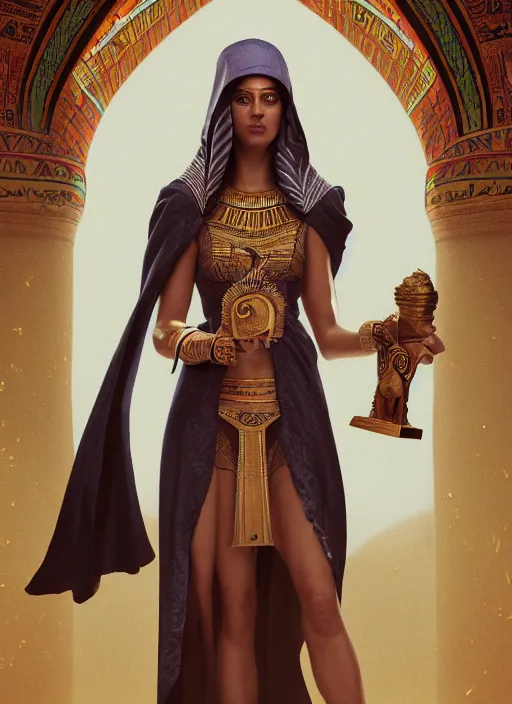 Image similar to an anthropomorphic beautiful female wizard of pharaoh holding magic wand portrait wearing robe, fine art, award winning, intricate, elegant, sharp focus, octane render, hyperrealistic, cinematic lighting, highly detailed, digital painting, 8 k concept art, art by jamie hewlett and z. w. gu, masterpiece, trending on artstation, 8 k