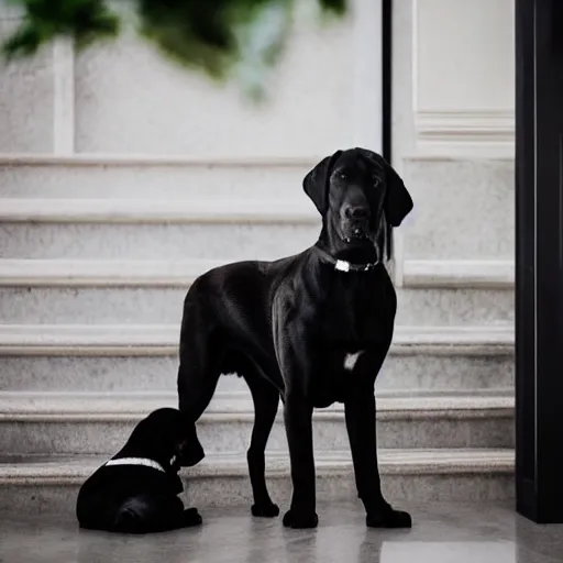 Prompt: A Black Labrador wearing a suit in a business meeting, perfect face, intricate, Sony a7R IV, symmetric balance, polarizing filter, Photolab, Lightroom, 4K, Dolby Vision, Photography Award