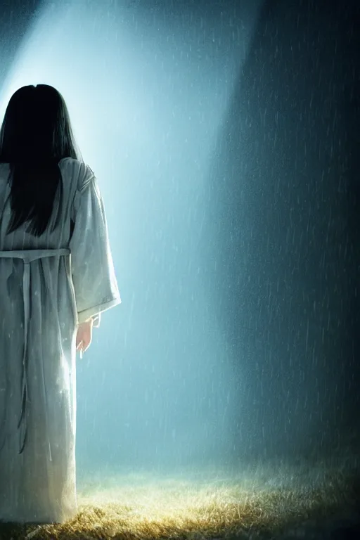 Image similar to a young girl with long black hair and chequered!! robe!! is watching a storm inside a symmetrical fantasy crystal. atmospheric, 4 k, highly detailed. surrounded by golden rays of light