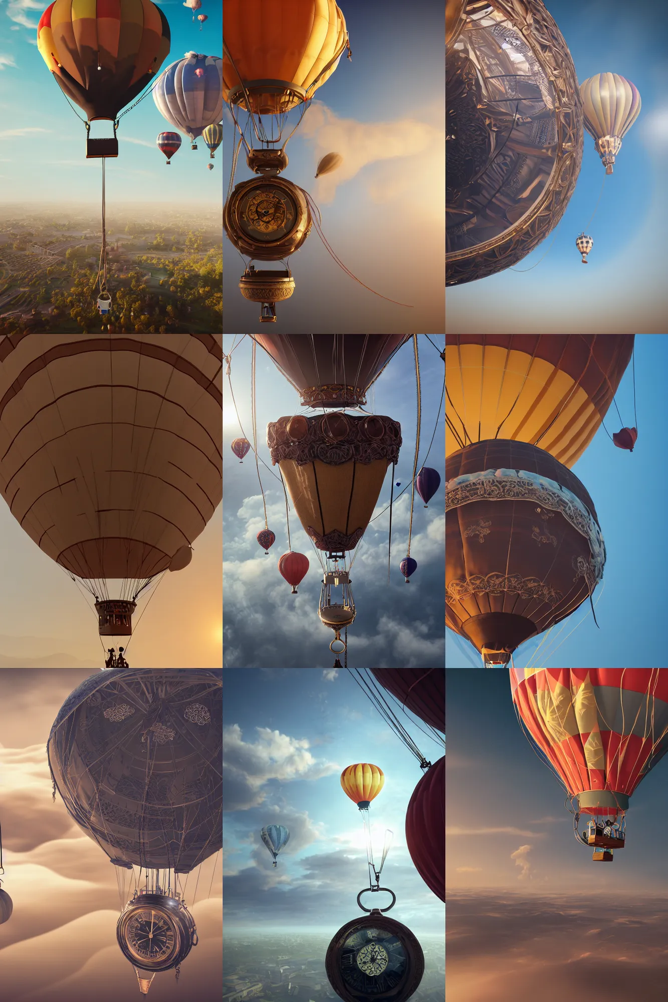 Prompt: pocketwatch hanging from a hot air balloon, intricate detail, volumetric lighting, epic composition, hyper detailed, ultra realistic, sharp focus, octane render, volumetric, ray tracing,, sense of awe, swirling mist, 4 k
