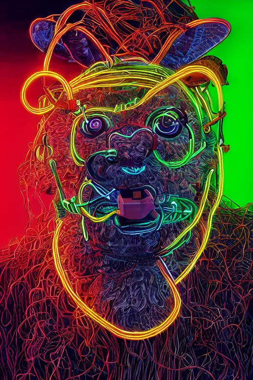 Prompt: stunning highly detailed portrait of an ugly old billy goat with cyber headgear surrounded by wires, neon colors, oil on canvas, strong lighting, by Josan Gonzalez, HD, 4K