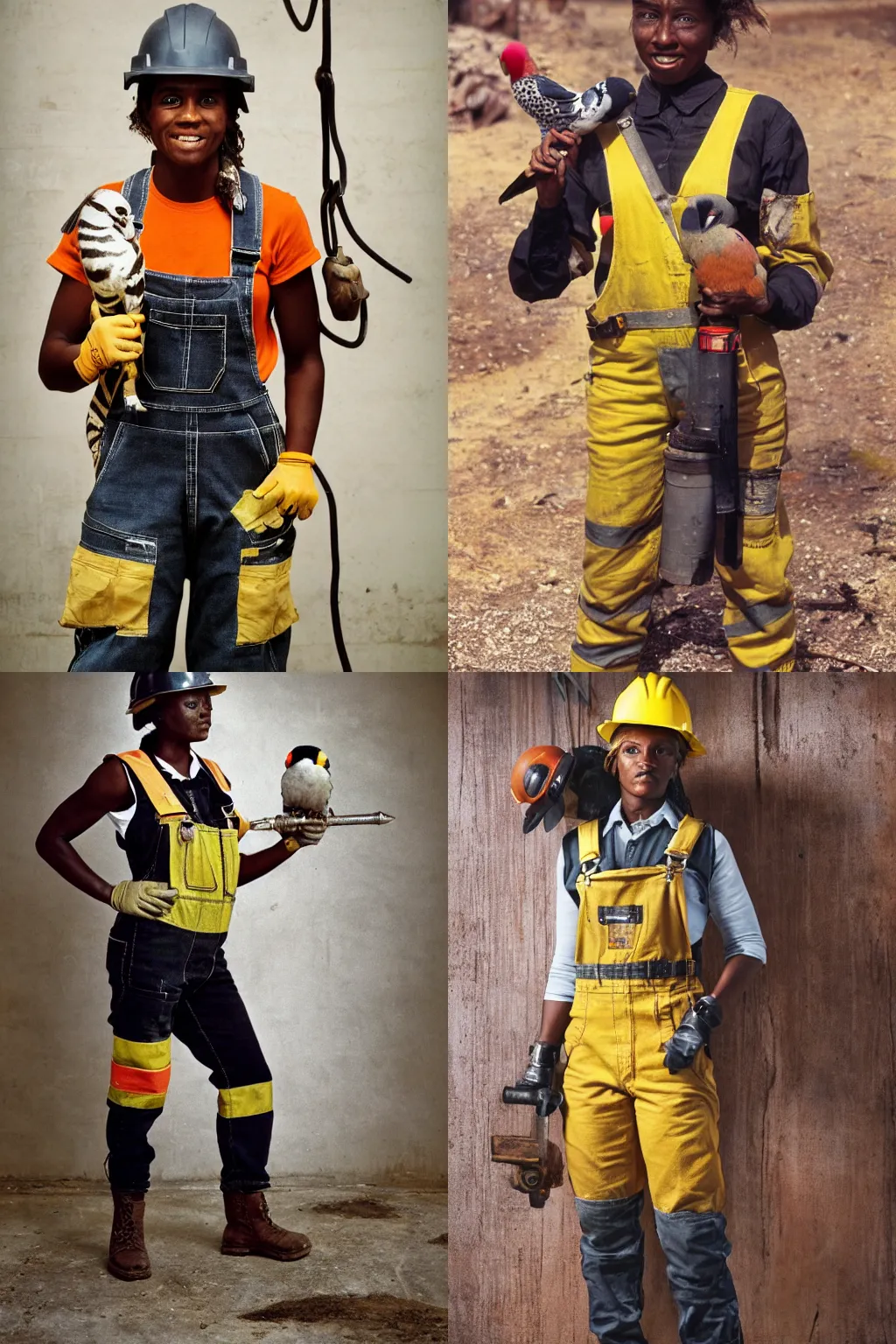 Prompt: 90's professional color photograph a muscular black female miner wearing overalls, helmet, toolbelt, holding a zebra finch, serious, concentrated, industrial aesthetic, full body, highly detailed, photo real, technical atmosphere, 8K