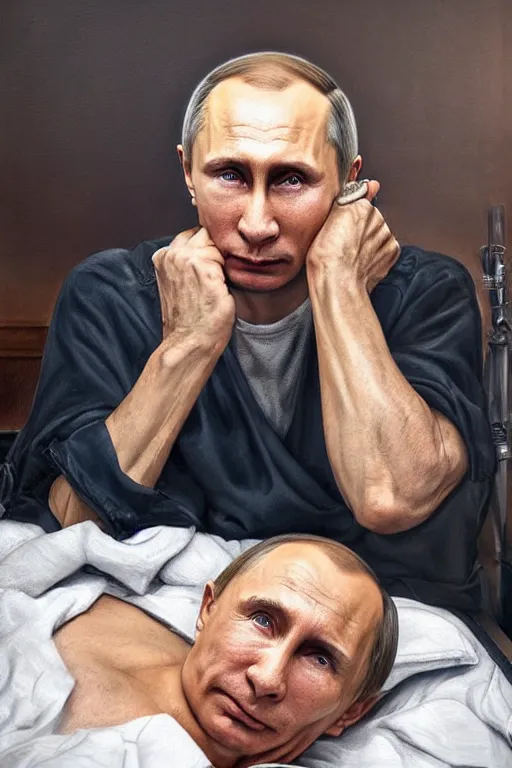 Prompt: hyperrealistic mixed media painting of Vladimir Putin on a deathbed inhaling from Copium tank, dimly lit cozy tavern, leather tunic, confident relaxed pose, d&d, stunning 3d render inspired art by Tim Okamura and Lise Deharme + perfect facial symmetry + dim volumetric lighting, 8k octane beautifully detailed render, post-processing, extremely hyperdetailed, intricate, epic composition, grim yet sparkling atmosphere, cinematic lighting + masterpiece, trending on artstation, very very detailed, masterpiece, stunning