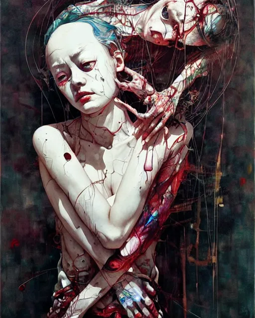 Prompt: we all live in a dystopian society cherishing silently the evil within. in the style of adrian ghenie, esao andrews, jenny saville, edward hopper, surrealism, dark art by james jean, takato yamamoto