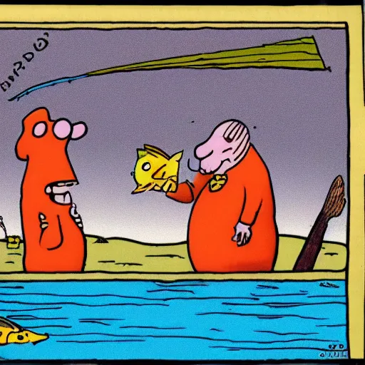 Prompt: a gary larson cartoon about fish