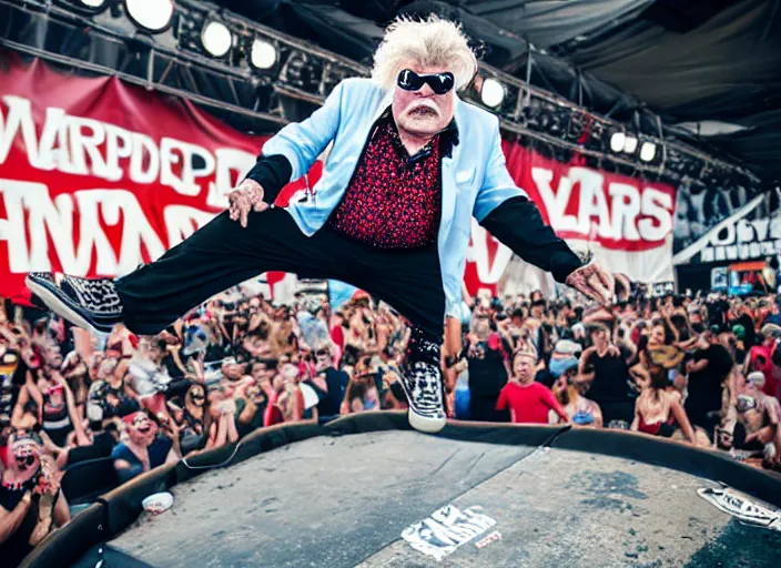 Image similar to photo still of rip taylor at vans warped tour!!!!!!!! at age 6 3 years old 6 3 years of age!!!!!!! stage diving at a crowd, 8 k, 8 5 mm f 1. 8, studio lighting, rim light, right side key light