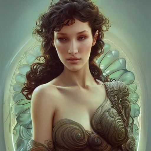 Image similar to ultra realistic illustration, bella hadid with a curly english mustache, intricate, elegant, highly detailed, digital painting, artstation, concept art, smooth, sharp focus, illustration, art by artgerm and greg rutkowski and alphonse mucha