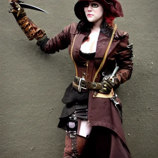Prompt: photo of steampunk female rogue with daggers