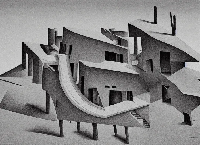Prompt: a house in a desert landscape, painting by mc escher, very detailed, illusion, surreal!!!, beautiful