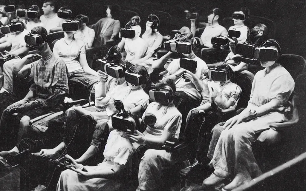 Image similar to 1 9 0 0 s photo of people using iphones ipods virtual reality headsets vr in a movie theater double exposure masterpiece