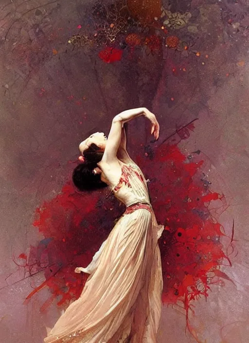 Image similar to a beautifull intricate blood painting of a dancing ballerina, reflexions, verry high details by william turner art, greg rutkowski and alphonse mucha, trending on artstation, very very detailed, masterpiece, muted colors