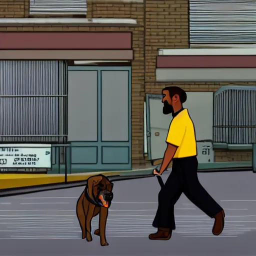 Image similar to A random man walking with a dog in the style of GTA 5