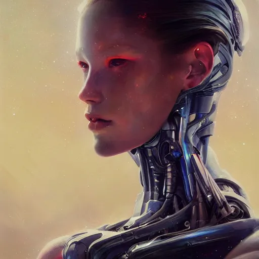 Prompt: galaxy surfing stunning cyborg girl, expressive oil painting, by yoshitaka amano, by greg rutkowski, by jeremy lipking, by artgerm,, h e giger, digital art, octane render