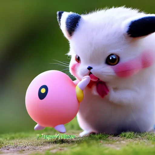 Prompt: pikachu taking a bite out of jigglypuff, national geographic photo, photo realistic, hyperrealistic, wildlife photo, 4 k, ultra detailed