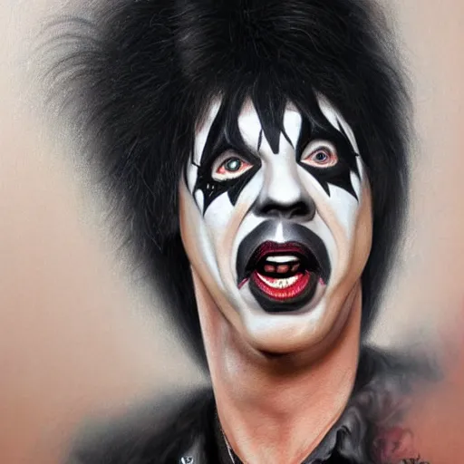 Prompt: Caricature portraits done of KISS band members in makeup, realistic, hyperrealistic, very realistic, highly detailed, very detailed, extremely detailed, detailed, oil painting, digital art, trending on artstation
